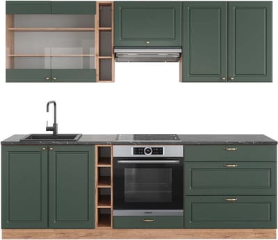 Vicco Fame-Line Complete keukeneenheid – 235 cm, WB Antraciet Groen-Goud Land/Goud Power Eik