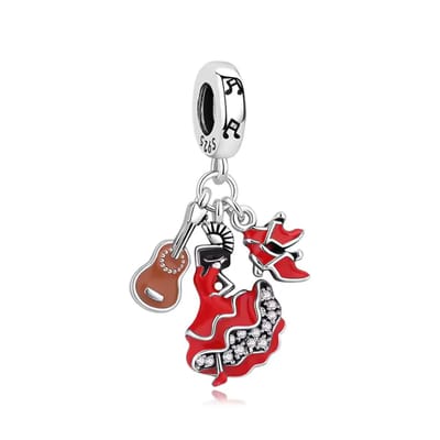 Fler® | Bedel | Past op populaire bedelarmbanden (standaard - 3mm) | Flamenco Bedel | Spanje | Hangbedel Charm | 925 sterling zilver | Transparante zirkonia | Rode, Zwarte & Bruine emaille | Valentijnsdag Cadeau | Sinterklaas kado | Kerstcadeau