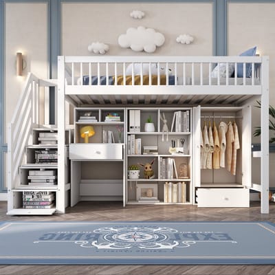 VVBV Kinderbed 90x200 cm - Bureau, Planken, Trap/Ladder, Voor Kinderen/Tieners - Massief Hout/MDF Wit - Zonder Matras