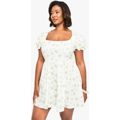 boohoo Dames PLUS PUFF MOUW DITSY MELKMEISJE JURK | Ivory | Maat: 28
