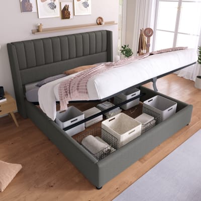 STILVORA Tweepersoonsbedden 160x200 cm - Gestoffeerd Bed Met Onderopbergruimte - Hydraulisch Opbergbed Inclusief Lattenbodem - Linnen - Grijs