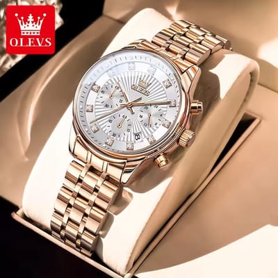 HO-3669.rs : Olevs rosékl dames quartz horloge, wit-zilverkl wijzerplaat fenomenale textuur, chronograaf, kalenderdag, diamantzirkonia's