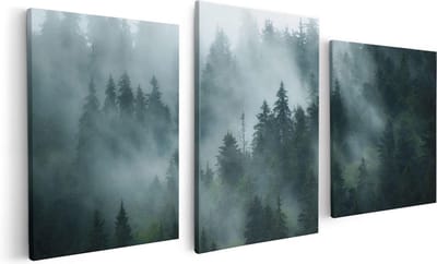 Artaza Canvas Schilderij Drieluik Bos Met Bomen In De Mist - 120x60 - Foto Op Canvas - Canvas Print