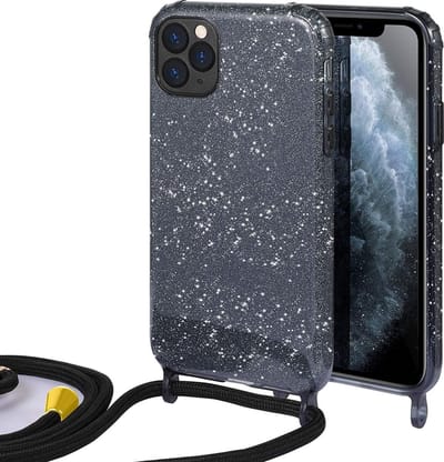 HB Hoesje Geschikt voor Apple iPhone 12 Pro Max - Zwart - Glitter Back Cover met Koord