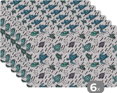 Placemat - Placemats kunststof - Patronen - Schildpad - Vissen - 45x30 cm - 6 stuks - Hittebestendig - Anti-Slip - Onderlegger - Afneembaar