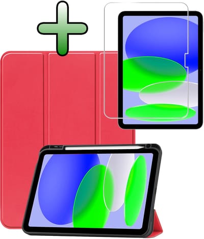 Hoesje Geschikt voor Apple iPad A16/A18 (2025/2026) - 11 inch (11e & 12e generatie) - Met Screenprotector - Trifold Bookcase - Hard Cover Case - Met Uitsparing Geschikt voor Apple Pencil - Hardcover Book - Tablet Hoes - Rood