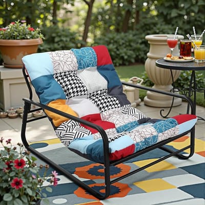 HomeMiYN Industriële 1-Zits Bank – Stalen Buis Frame Fauteuil – Patchwork Design Stoel – Kleurrijke Stoffen Bekleding – Comfortabele Lounge Stoel voor Woonkamer