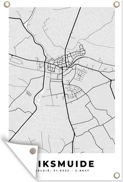 Muurdecoratie België – Diksmuide – Stadskaart – Kaart – Zwart Wit – Plattegrond - 120x180 cm - Tuinposter - Tuindoek