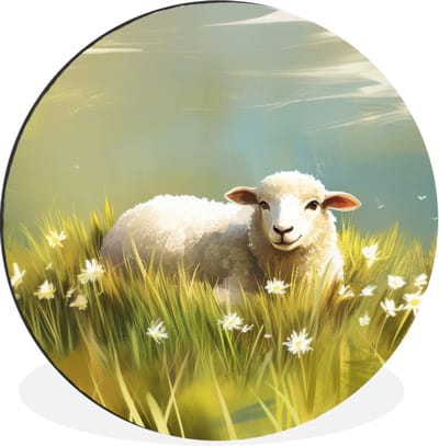 WallCircle - Wandcirkel - Muurcirkel - Schaap - Weide - Groen - Aluminium - Dibond - 30x30 cm - Binnen en Buiten