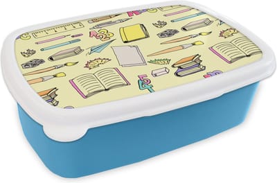 Broodtrommel Blauw - Lunchbox - Brooddoos - School - Patronen - Potlood - 18x12x6 cm - Kinderen - Jongen
