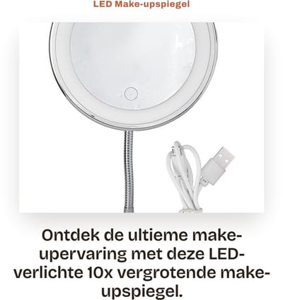 Dailygoods - LED Make-upspiegel - 10x Vergroting - Helder en onvervormd beeld - Tafelmontage - Instelbare helderheid - Geschikt voor thuis en reizen