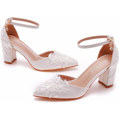 7cm Vierkante Dikke Hak Puntige Neus Holle Sandalen voor de Lente Vierkante Hak Licht Mond Dames Schoenen Wit Kant Mesh Bruids Hoge Hakken 41 white