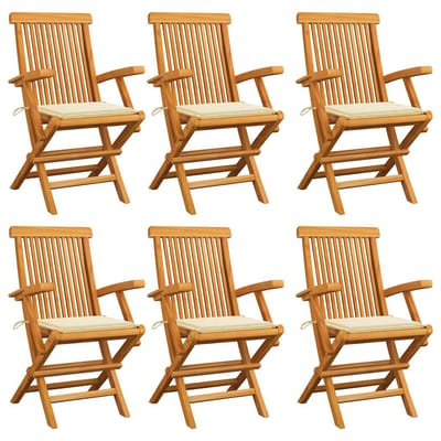 vidaXL - Klapstoelen - met - crèmekleurige - kussens, - 6 - stuks, - massief - teakhout