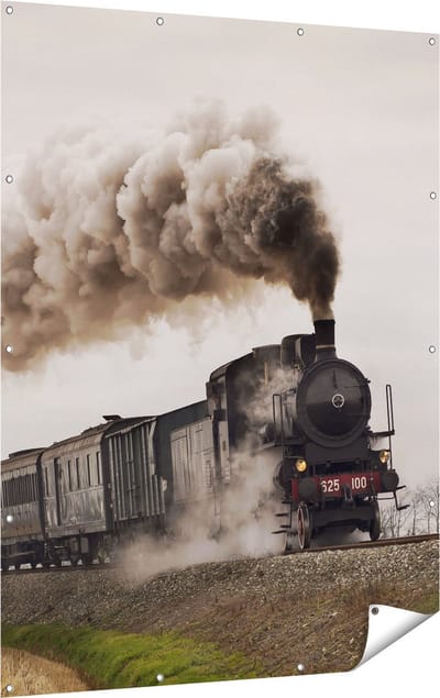 Gards Tuinposter Locomotief Trein met Rook Wolken - 120x160 cm - Tuindoek - Tuindecoratie - Wanddecoratie buiten - Tuinschilderij