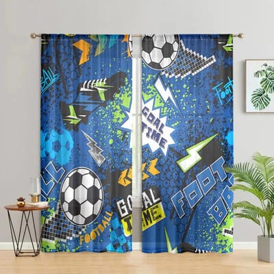 2 stuks, modieuze cartoon voetbalgordijnen - semi verduisterend - geschikt voor woonkamer, slaapkamer, keuken, huisdecoratie W150CM H166CM&Rod pocket gray