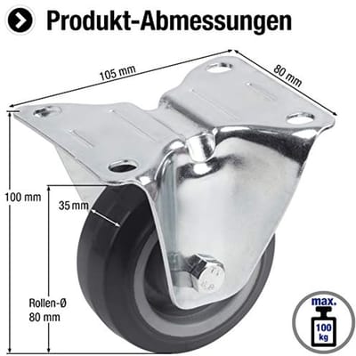 Bokwiel Ø 80 mm - 105 x 80 mm plaat - elastisch massief rubberen meubelrol met zacht loopvlak en rollager - 100 kg draagkracht