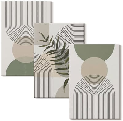 Wallfluent Set van canvas schilderijen - Abstracte vormen in tinten groen en beige Canvas Schilderijen Set - set 3 stuks 20x30 cm - Groente Set van Canvas Prints - Abstractie Canvas Kunst Set - Boheemse Canvas Kunst Set