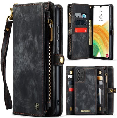 Hoesje geschikt voor Samsung Galaxy A52s/A52 Hoesje - Solidenz Wallet Case A52s/A52 - A52s/A52 Case met Pasjeshouder - met Ritsvak - met Polskoord - Portemonee Hoes - Zwart