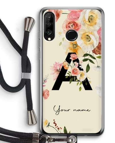 Gepersonaliseerd - Case Company® - Hoesje met koord geschikt voor Huawei P30 Lite hoesje met Koord - Flirty Flowers Monogram - Telefoonhoesje met Zwart Koord - Bescherming aan alle Kanten en Over de Schermrand