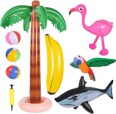 SnelShoppen - Opblaasbare Palmen Speelgoedset 9 stuks - Hawaii Strandspeelgoed met Flamingo, Banaan, Papegaai, Haai, Strandballen en Decoratieve Palme