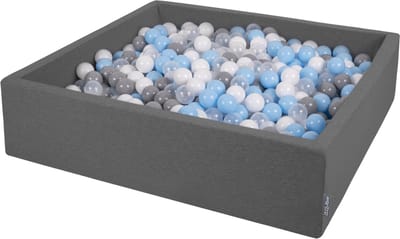 KiddyMoon Ballenbad voor kinderen Vierkant met 300 ballen ∅7cm 120x30cm - Ballenbak voor Baby's - Ballenbak ballen kleurrijke - Met schuimvulling - Ballenbad foam - Voor sensorische - Dunkelgrau: Grijs Wit Transparant Babyblauw