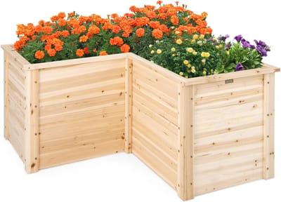 COSTWAY Verhoogd bloembed, tuinbed, hout, plantenbak voor balkon, tuin, terras, L-vormig, kruidenbed, plantenbak, opzetframe, 120 x 120 x 63 cm, naturel
