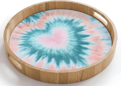 Dienblad rond 40x40 cm - Schootdienblad hout - Hartvormig - Tie dye - Pasteltinten - Lichtgroen - Borrelplank rechthoek - Plateau houten dienbladen