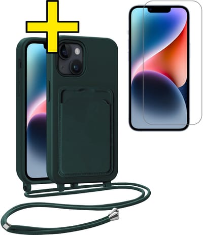 Hoesje Geschikt voor iPhone 13 Telefoonhoesje Met Koord Case Pashouder Met Screenprotector Siliconen - Hoes Geschikt voor iPhone 13 Hoesje Met Kaarthouder - Donkergroen