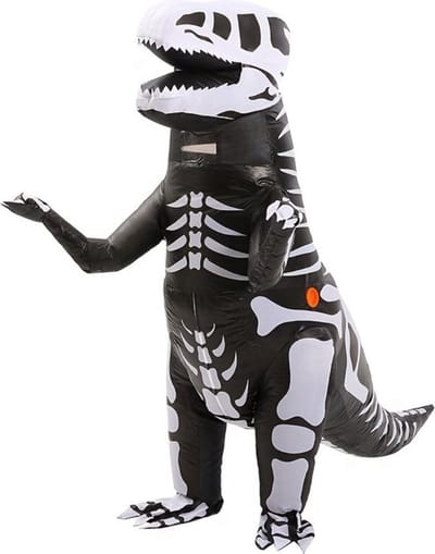 KIMU® Opblaas Kostuum T-Rex Zwart Wit Skelet - Opblaasbaar Pak - Dinopak Mascotte Opblaaspak - Opblaasbare Dino Dinosaurus Dames Heren Festival