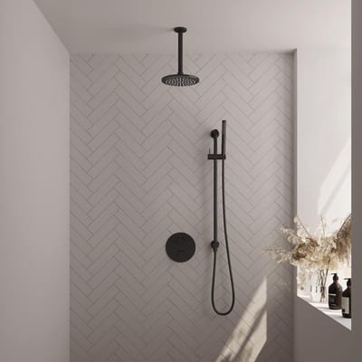Brauer Black Edition thermostatische inbouw regendouche 3-weg rond SET 89 met 20 cm douchekop en plafondarm en staaf handdouche en doucheslang en geïntegreerde glijstang mat zwart