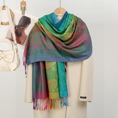Boho Elegante Jacquard Pashmina Imitatie Kasjmier Sjaal Winter Dik Warm Regenboogkleurige Sjaal Wrap Koudebestendige Deken Sjaal Stola 70X180 cm blue
