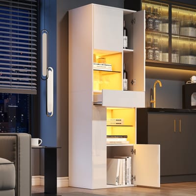 Glazen vitrinekast 55x38x170 cm met LED-verlichting - hoge kast met 1 lade en 4 kasten - hoogglans ontwerp woonkamerkast - wit