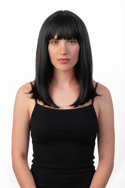 KIMU® Luxe Zwarte Pruik Schouderlengte - Haarwerk Stijl Pony - Zwart Donker Duister Halloween Spooky Eng Festival