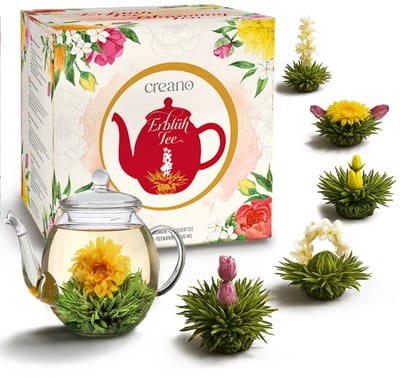 Creano theebloemen cadeauset - FLOWER DESIGN - bloementhee lenteoogst met 500ml glazen theepot & 6x witte thee - cadeau voor Valentijnsdag, Moederdag