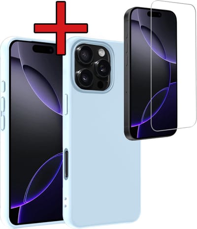 Hoesje - Met Screenprotector - Geschikt voor Apple iPhone 16 Pro - Sterk & Shockproof - Telefoon Hoes - Back Cover - Siliconen Case - Telefoonhoes - Lichtblauw