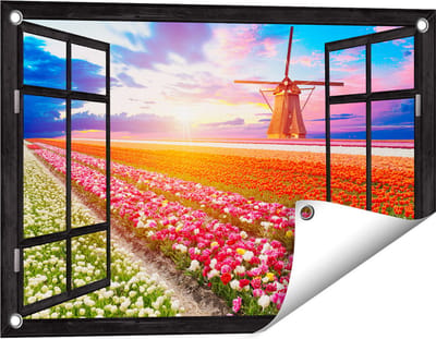 Gards Tuinposter Doorkijk Kleurrijke Bloemenveld met een Windmolen - 60x40 cm - Tuindoek - Tuindecoratie - Wanddecoratie buiten - Tuinschilderij