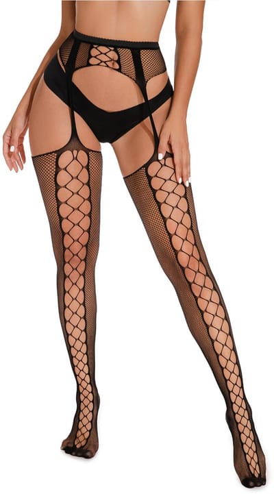 JustValue Hoge Kousen met Jarratelgordel - Netpanty Dames - Netkousen Erotiek - Visnet Panty - Lingerie Vrouwen - Zwart