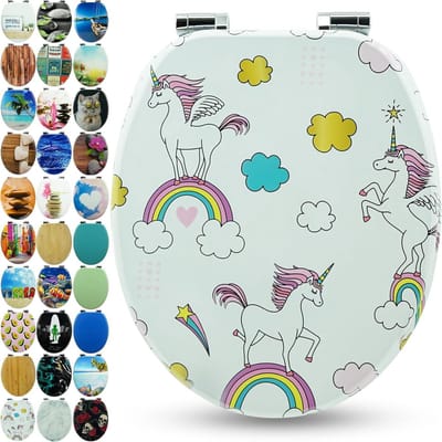 Toiletbril Hout - Toiletdeksel WC-bril - Badkamer Decoratie - Softclose Mechanisme - 43.5 x 37.5 cm - Unicorns