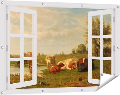 Gards Tuinposter Doorkijk Koeien in de Weide - Gerard Bilders - 120x80 cm - Tuindoek - Tuindecoratie - Wanddecoratie buiten - Tuinschilderij