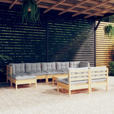 vidaXL - 10-delige - Loungeset - met - grijze - kussens - grenenhout