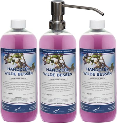 Handzeep Wilde Bessen 1 liter - set van 3 stuks - met gratis RVS zilverkleurige pomp - Voordeelverpakking