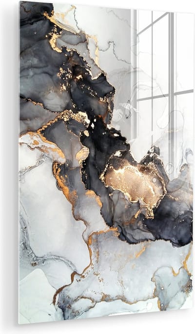 Glasschilderij abstract - Marmer - Goud - Marmerlook - Zwart - Schilderijen woonkamer - Schilderij glas - Foto op glas - Glasplaat - Kamer decoratie - 20x30 cm - Wanddecoratie - Muurdecoratie - Slaapkamer