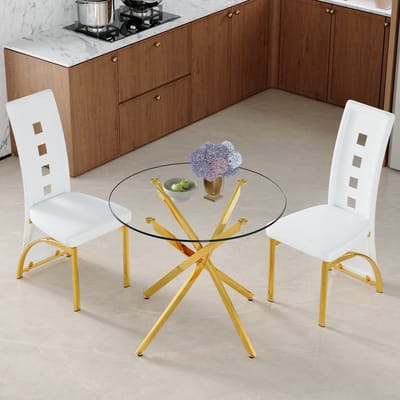 MIVRAY Eethoekset 88 cm - Ronde Eettafel Met 2 Stoelen Voor Kleine Ruimtes - Gehard Glas PU-Leer Metaal - Wit Goud