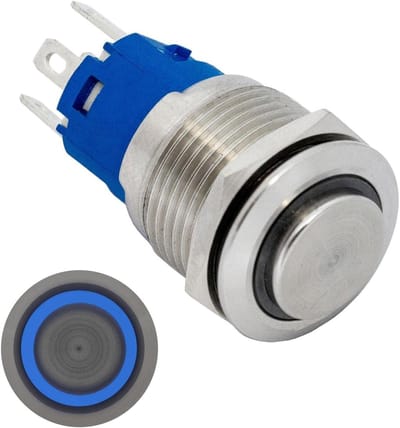 Lumonic RVS drukknop 19mm diameter I Met één ring LED in blauw Afmetingen: 2,8x0,5mm Pin s 250V 3A I Vandalismebestendig volgens IP65 standaard.