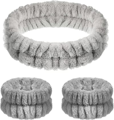 Set van 3 Haarbanden en Armbanden voor Gezichtsreiniging, Spa en Make-up - Elastische Haarband voor Huidverzorging en Comfortabel Gebruik (Grijs)