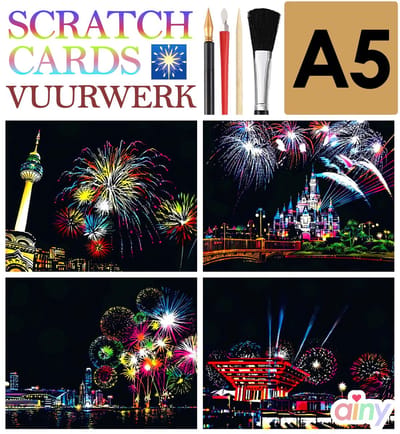 Ainy - Scratch Art Vuurwerk (A5) | 4 krastekening incl. kraspen | Kras tekeningen | Schilderen op kleuren kunst | hobby & creatief voor volwassenen en kinderen ( meisjes ) | Knutselen - ontspanningspakket | DIY schilderijen set nummer 1