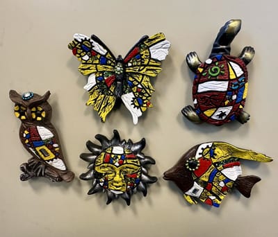 Koelkastmagneten "Dieren + zon" - Set van 5 stuks - uil/zon/vlinder/schildpad/vis - Polyresin - meerkleurig bruin + geel - hoogte 8 x 7 x 1 cm - Koelkastmagneten - Woondecoratie - Woonaccessoires