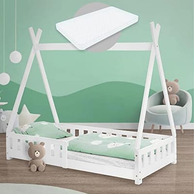 Kinderbed Tipi 80x160 cm met Matras en Valbeveiliging - Houten Huisbed
