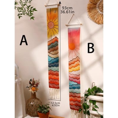 Macramé Wandtapijt Berg & Zonsopgang en zonsondergang Boho Huisdecoratie Wandtapijt Wandhanger Kamerdecoraties Esthetische Wanddecoratie A beige