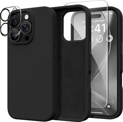 Solid hoesje Soft Touch Liquid Silicone Flexible TPU Rubber + Screenprotector - Camera Lens - Geschikt voor: iPhone 16 Pro - Zwart